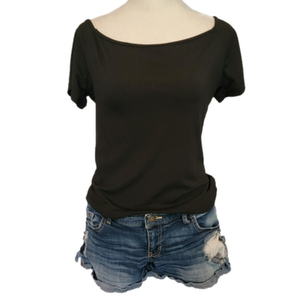 Black Cropped Ribbed Open Back Short Sleeve Tee Size L - Picture 1 of 8